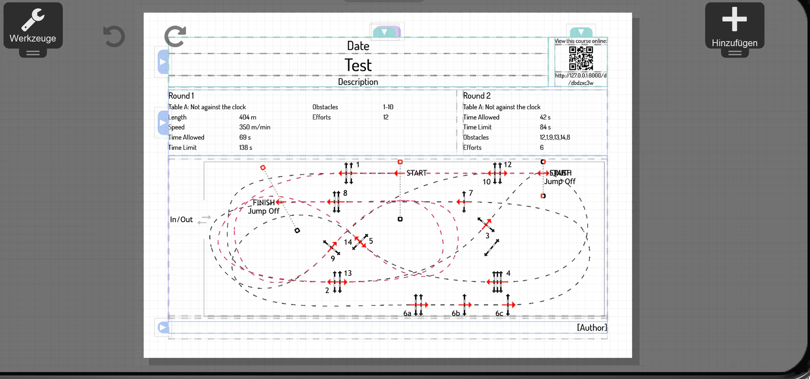 Die Layout-Ansicht: Druckseite mit Parcoursplan, Daten und QR-Code