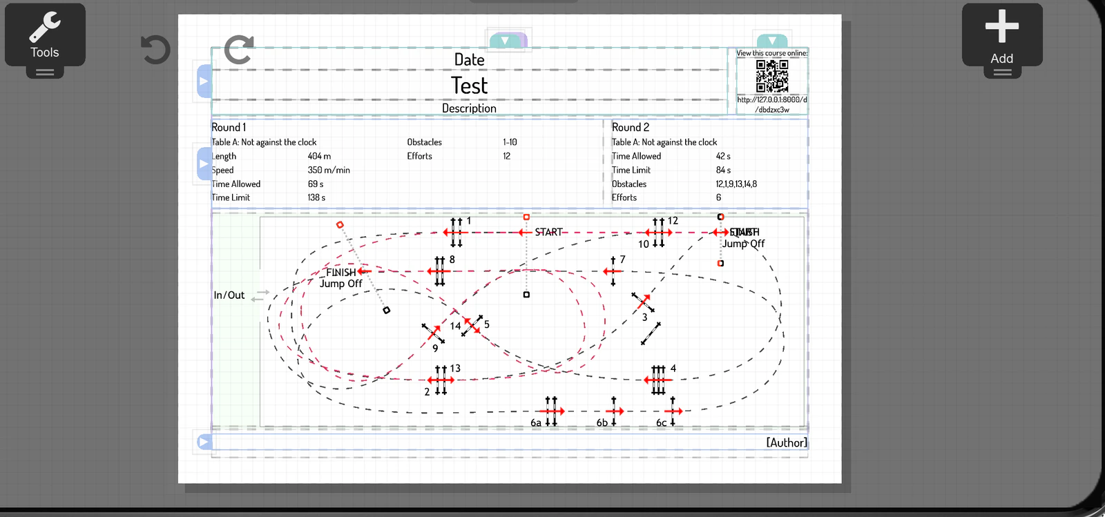 The Layout view: a print page with course map, data and QR code