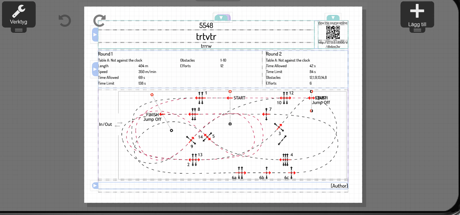 Layout-vyn: utskriftssida med ritningen, alla uppgifter och QR-kod